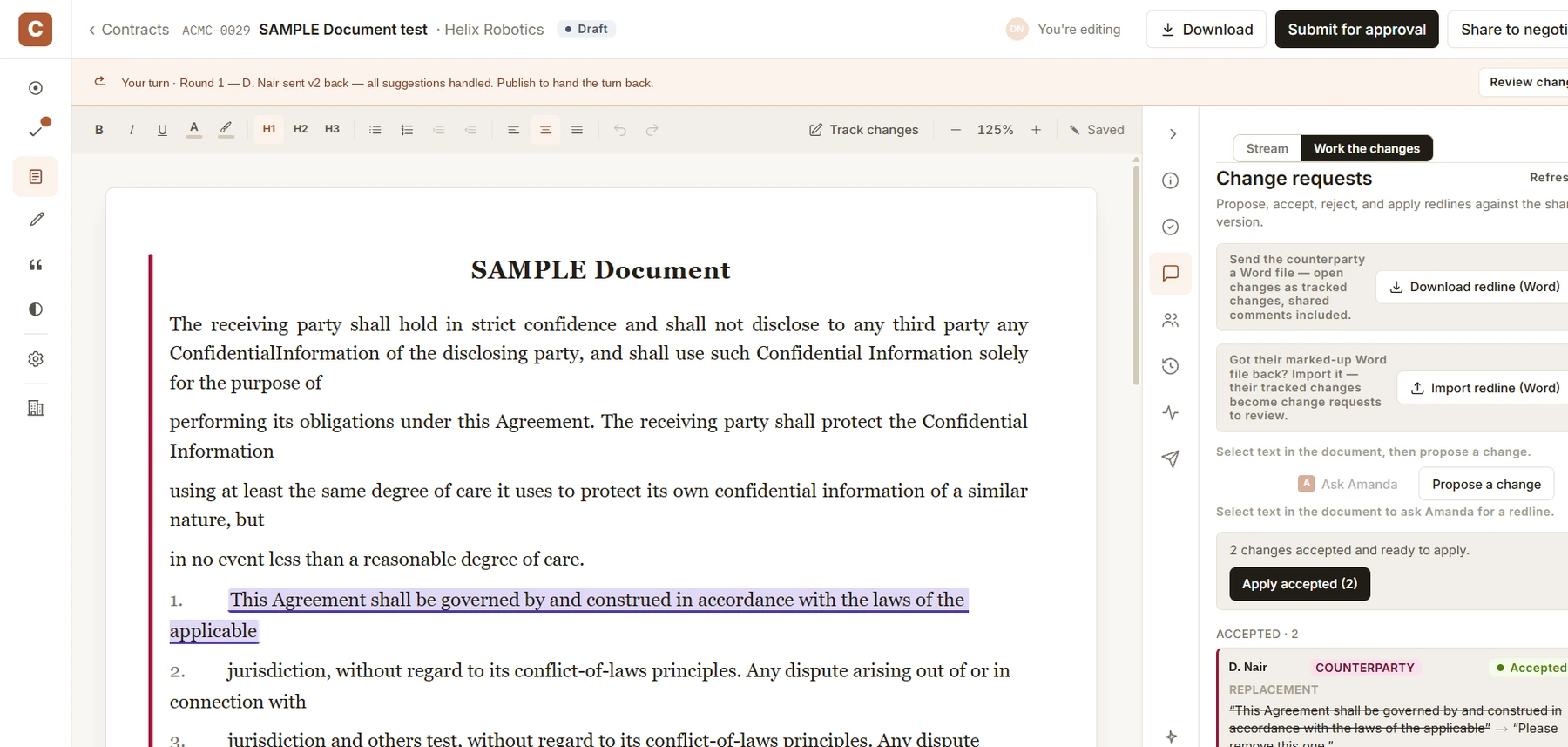 Convorge: a contract in the editor with tracked changes, alongside change requests and the Word redline round trip