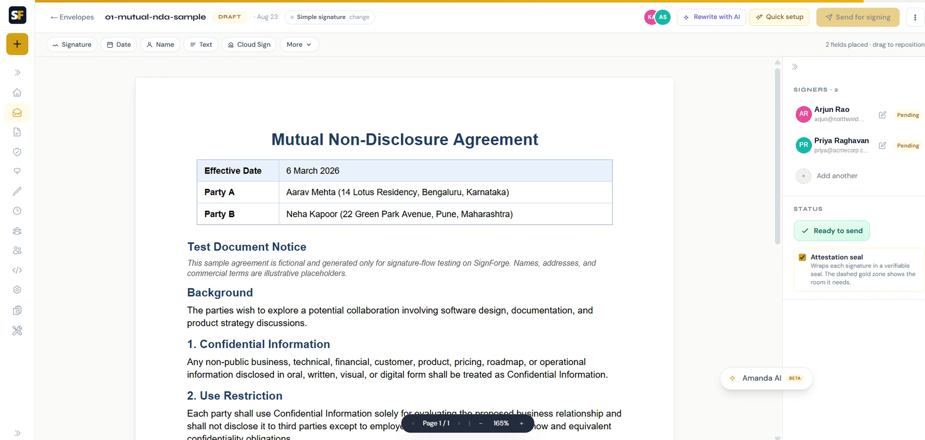 SignForge: placing signature fields on a document and adding signers