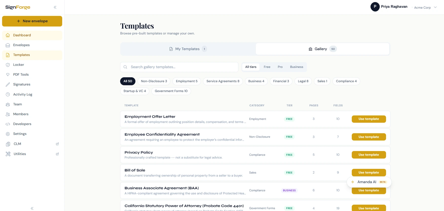 SignForge: the template gallery, with 46 defaults across employment, NDA, finance and compliance
